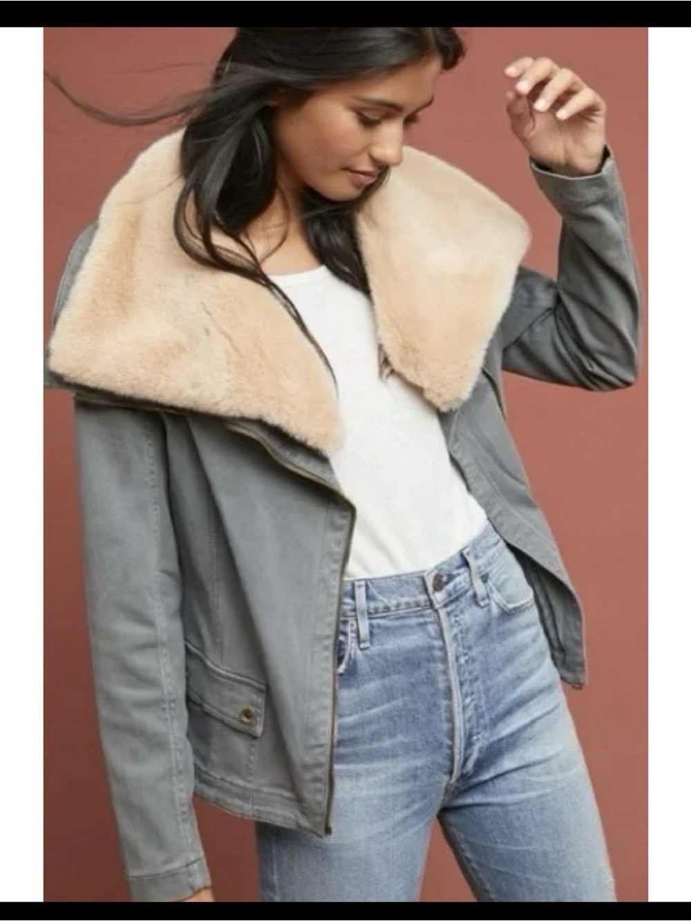 Anthropologie Marrakech Faux Fur Aviator Moto Jacket Coat Utility Gray Boho L